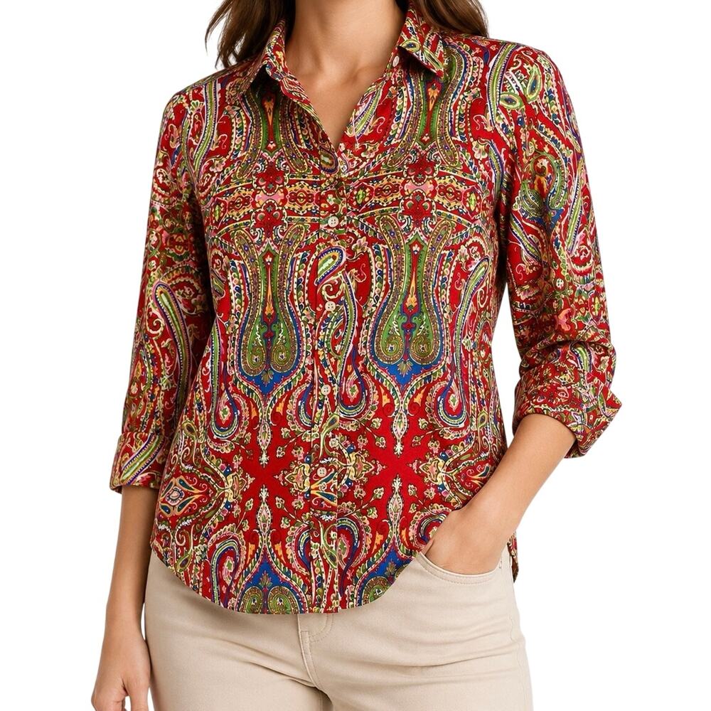 Ralph Lauren Womens Sz Small Non Iron Red Paisley Blouse Shirt Top Artsy - Picture 1 of 9